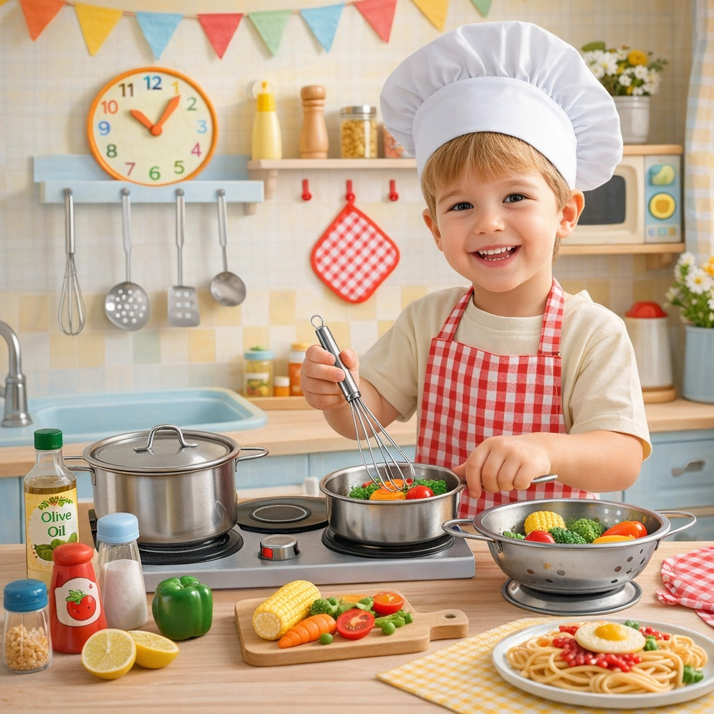 Set de gatit copii IdealStore 13 piese cu oale, tigai si ustensile bucatarie