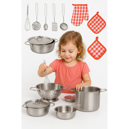 Set de gatit copii IdealStore 13 piese cu oale, tigai si ustensile bucatarie