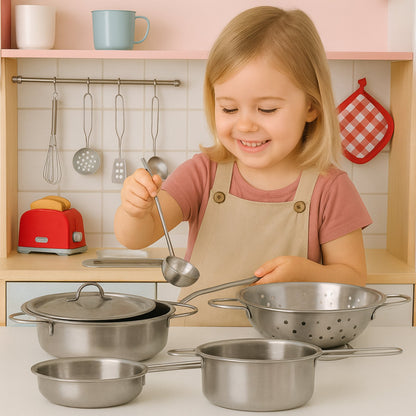 Set de gatit copii IdealStore 13 piese cu oale, tigai si ustensile bucatarie