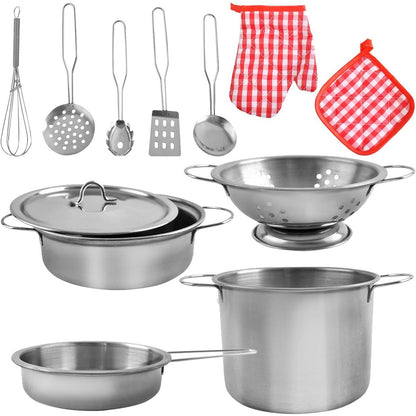 Set de gatit copii IdealStore 13 piese cu oale, tigai si ustensile bucatarie