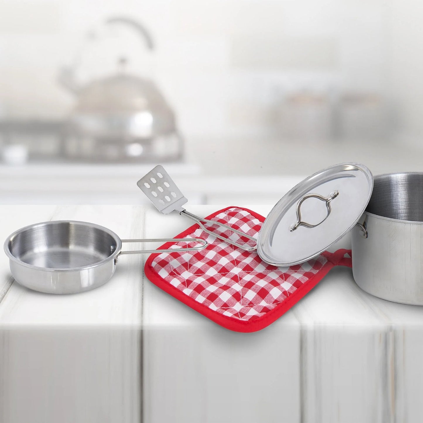 Set de gatit copii IdealStore 13 piese cu oale, tigai si ustensile bucatarie