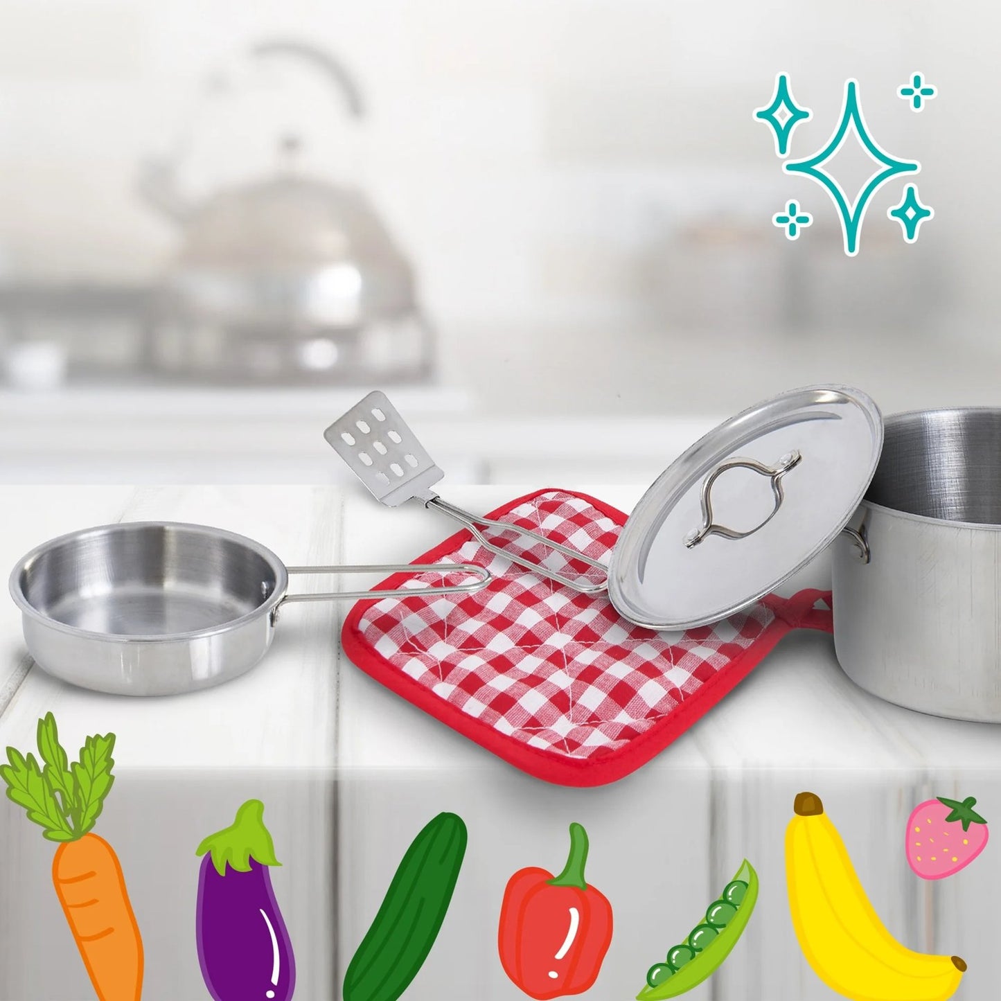 Set de gatit copii IdealStore 13 piese cu oale, tigai si ustensile bucatarie