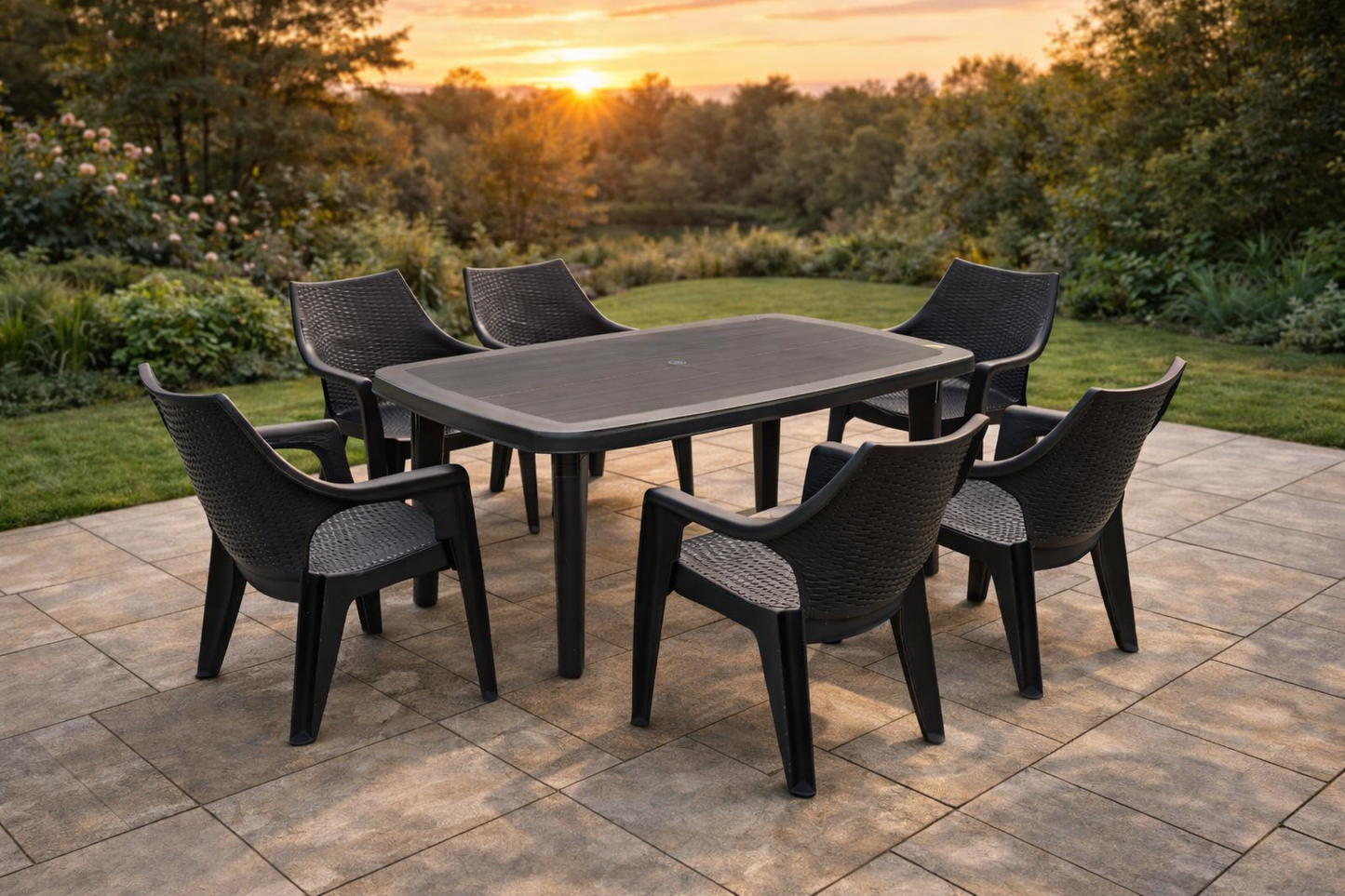 Set gradina cu masa si 6 scaune din plastic rezistent UV si intemperii, dimensiuni 135x85x72 cm, confort pentru familie