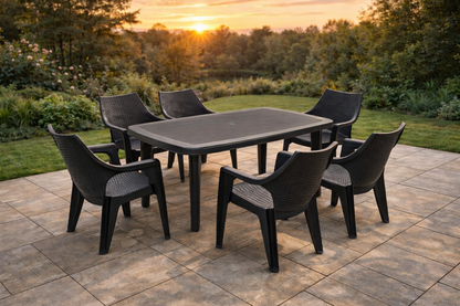 Set gradina cu masa si 6 scaune din plastic rezistent UV si intemperii, dimensiuni 135x85x72 cm, confort pentru familie