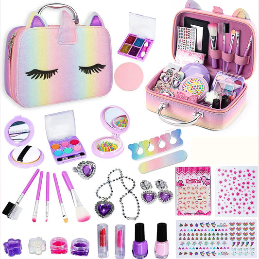 Set make up pentru fetite, Hggzeg, Cu 29 de elemente pentru make-up, Lantisor, Cercei, Inel, Farduri, Rujuri, Lacuri de unghii, Oglinda si multiple accesorii, Geanta cu maner pentru transport, 6 ani+, Plastic, 20x15x7cm, Roz Cristal