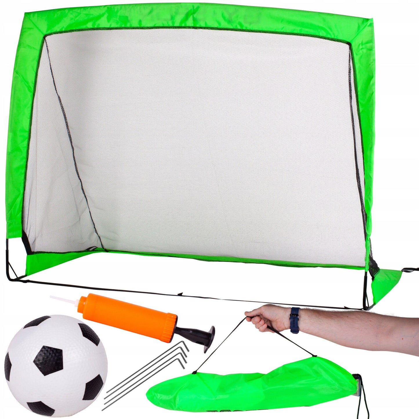Set Poarta de Fotbal idealSTORE cu Poarta, Minge, Pompa, cu Stifturi de Fixare, Dimensiuni 90x120 cm, Contine Geanta de Transport