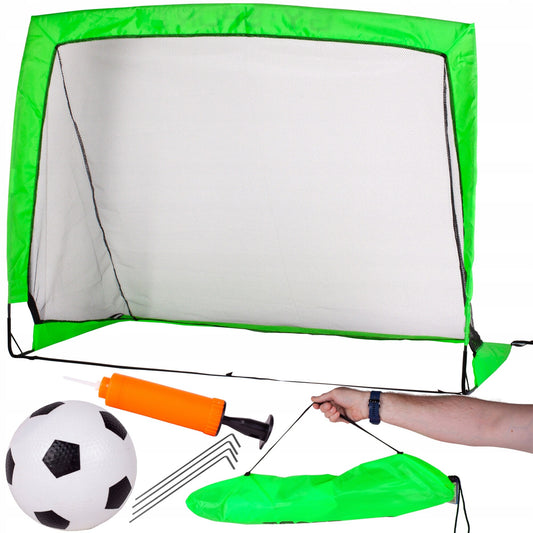 Set Poarta de Fotbal idealSTORE cu Poarta, Minge, Pompa, cu Stifturi de Fixare, Dimensiuni 90x120 cm, Contine Geanta de Transport