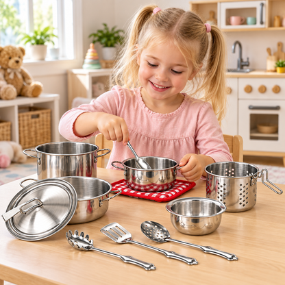 Set Oale De Jucarie Pentru Copii idealSTORE, 10 Piese, Vase Si Ustensile Din Otel Inoxidabil, Suport Textil, Joc De Rol Bucatarie