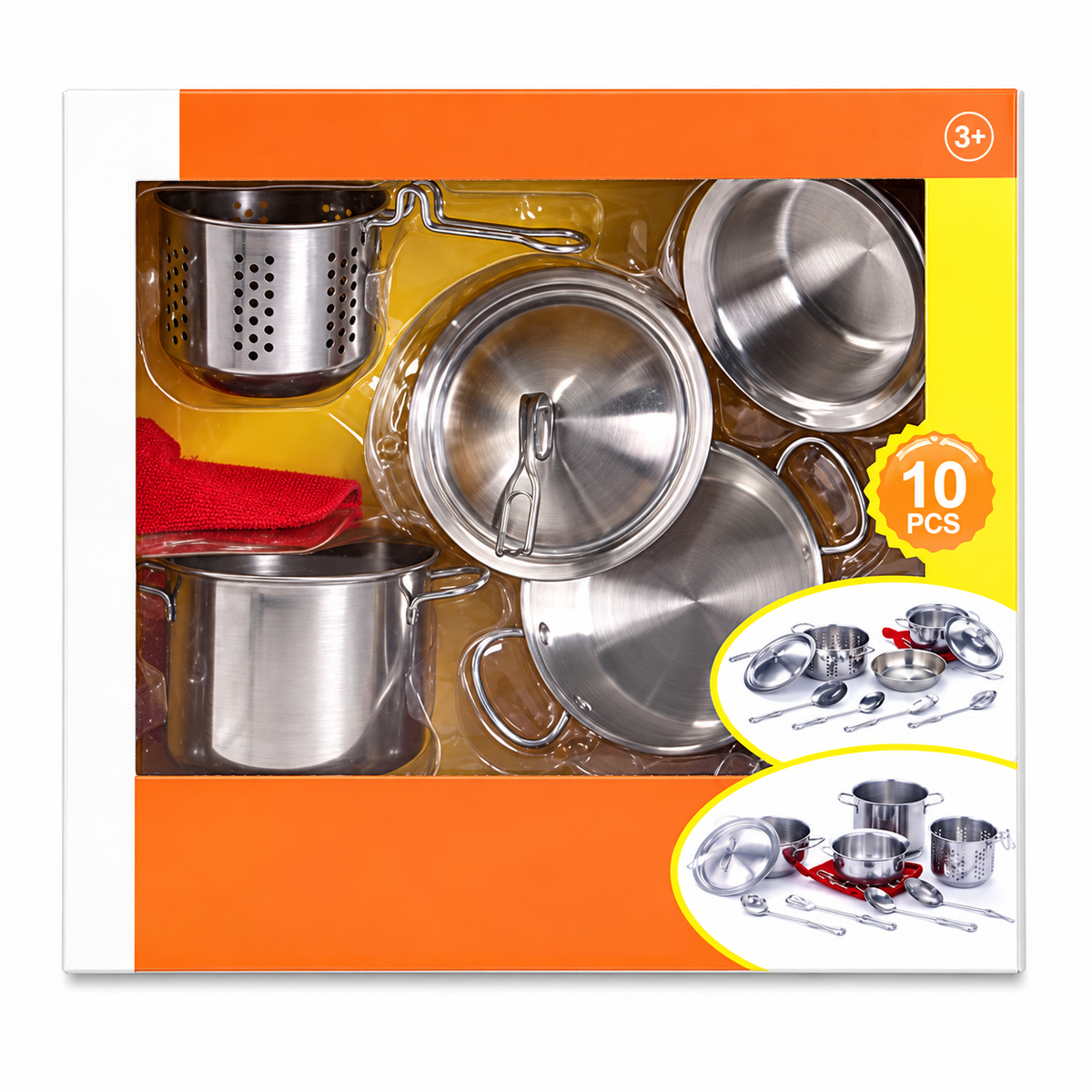 Set Oale De Jucarie Pentru Copii idealSTORE, 10 Piese, Vase Si Ustensile Din Otel Inoxidabil, Suport Textil, Joc De Rol Bucatarie