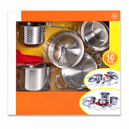 Set Oale De Jucarie Pentru Copii idealSTORE, 10 Piese, Vase Si Ustensile Din Otel Inoxidabil, Suport Textil, Joc De Rol Bucatarie