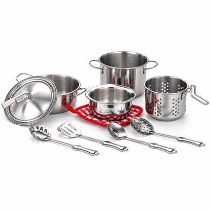 Set Oale De Jucarie Pentru Copii idealSTORE, 10 Piese, Vase Si Ustensile Din Otel Inoxidabil, Suport Textil, Joc De Rol Bucatarie