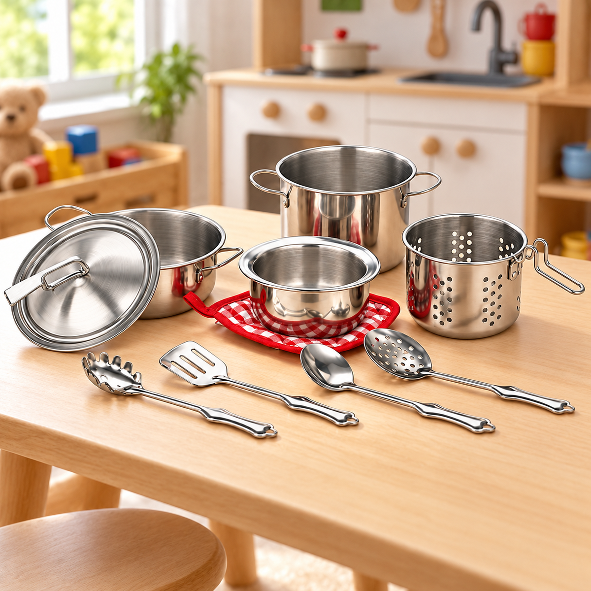 Set Oale De Jucarie Pentru Copii idealSTORE, 10 Piese, Vase Si Ustensile Din Otel Inoxidabil, Suport Textil, Joc De Rol Bucatarie