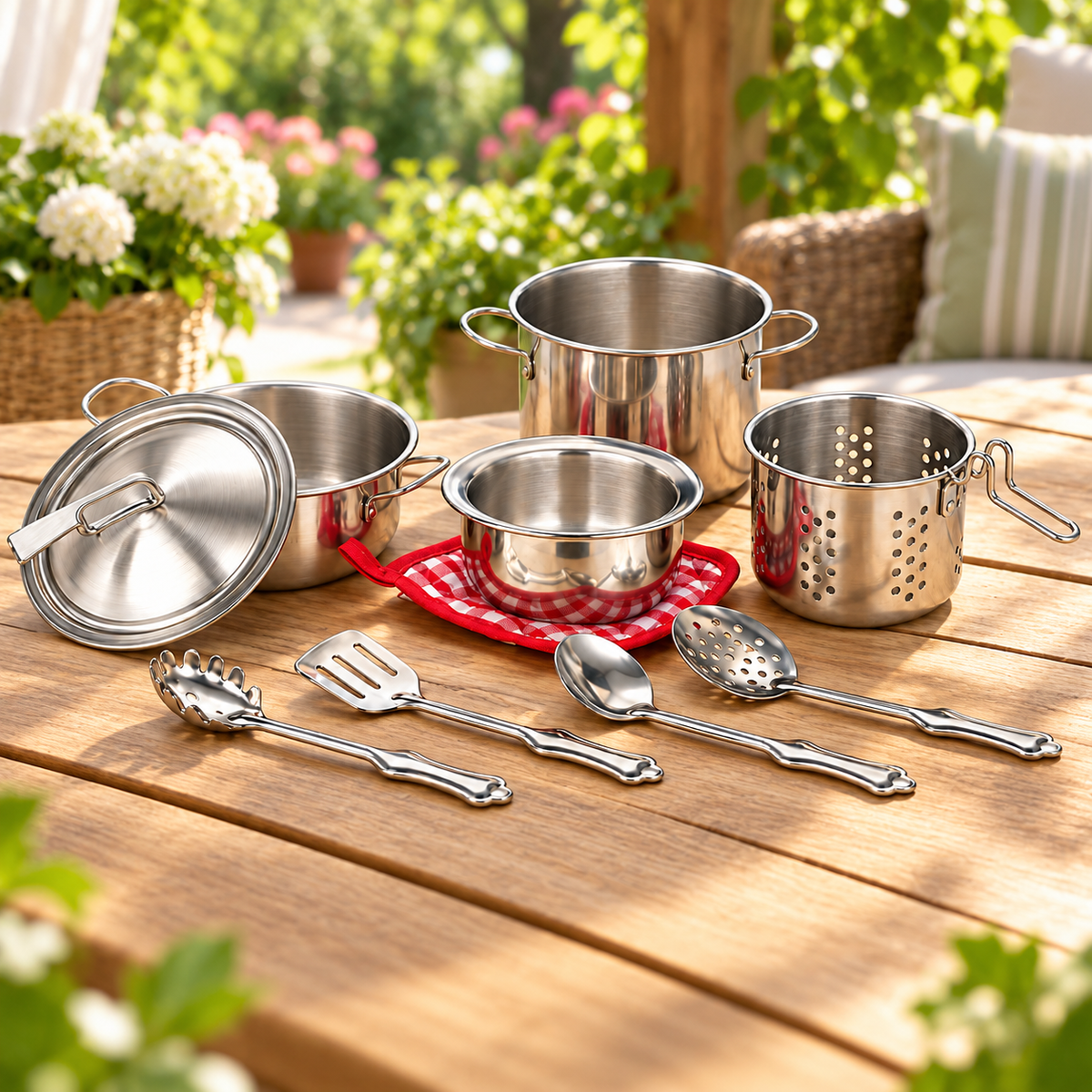 Set Oale De Jucarie Pentru Copii idealSTORE, 10 Piese, Vase Si Ustensile Din Otel Inoxidabil, Suport Textil, Joc De Rol Bucatarie