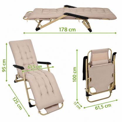 Sezlong pliabil bej de inalta calitate SummerVibe idealSTORE, Cadru metalic, Cu perna inclusa, Reglabil pe 3 trepte, Dimensiune 125x95x67.5 cm