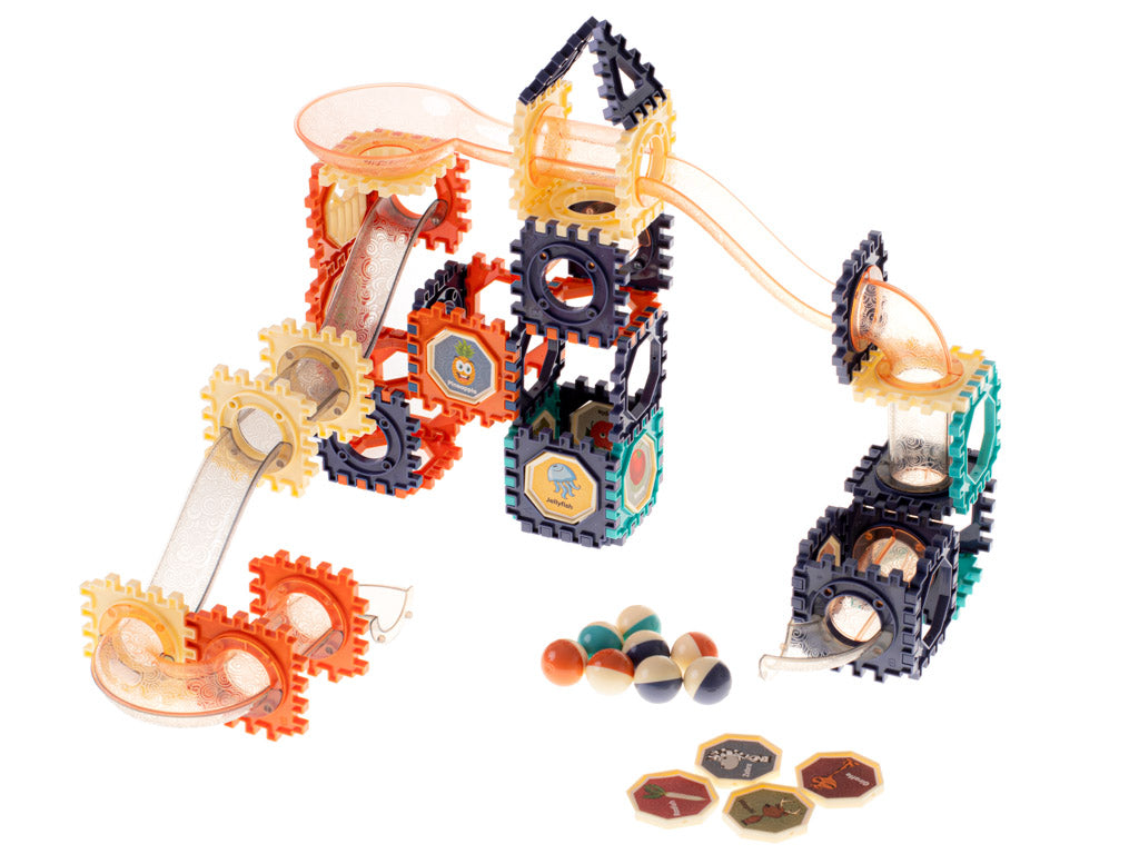 Set blocuri de constructie KIK, pista bile, 110 elemente, 3 ani+, multicolor