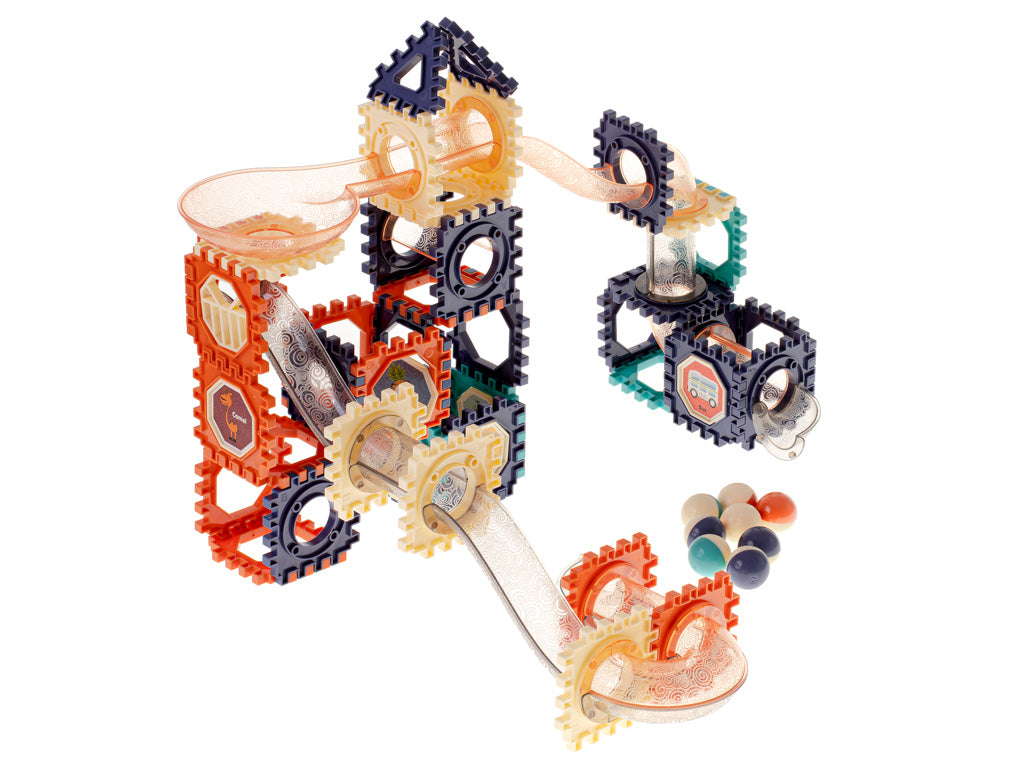 Set blocuri de constructie KIK, pista bile, 110 elemente, 3 ani+, multicolor