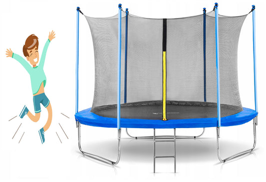 Trambulina Copii cu Plasa de Protectie si Scara, SUPER JUMP, Diametru 250 cm, Inchidere Safe Lock, Protectie Anti-Soc, Constructie Solida, Stabila, Rezistenta la Coroziune, Certificari CE-TUV-GS, Albastru/Negru