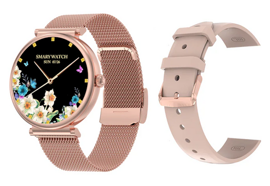 Smartwatch idealSTORE UnikWATCH, 2 Bratari, Functie de Inregistrare Voce, Apeluri Bluetooth, Afisaj AMOLED, Memento, Asistent vocal, Control Playlist Muzical, Urmarire GPS, Moduri Sportive, Rezistent la apa, Monitor Somn, Comanda Vocala, Culoare Gold