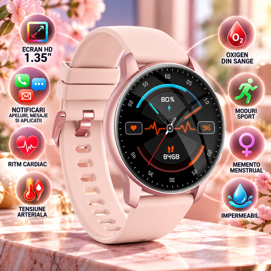 Ceas SmartWatch Lensa idealStore, Ecran HD 1.35', Notificari Apeluri/Mesaje/Aplicatii, Monitorizare Ritm Cardiac, Tensiune Arteriala, Oxigen din Sange, Moduri Sport, Momento Menstrual, Impermeabil, Roz