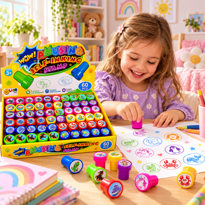 Set 60 de Stampile de Jucarie cu Animal Print idealSTORE, Usor De Spalat De Pe Piele, Stimularea Simturilor si Influenta Asupra Dezvoltarii Copilului, Multicolor