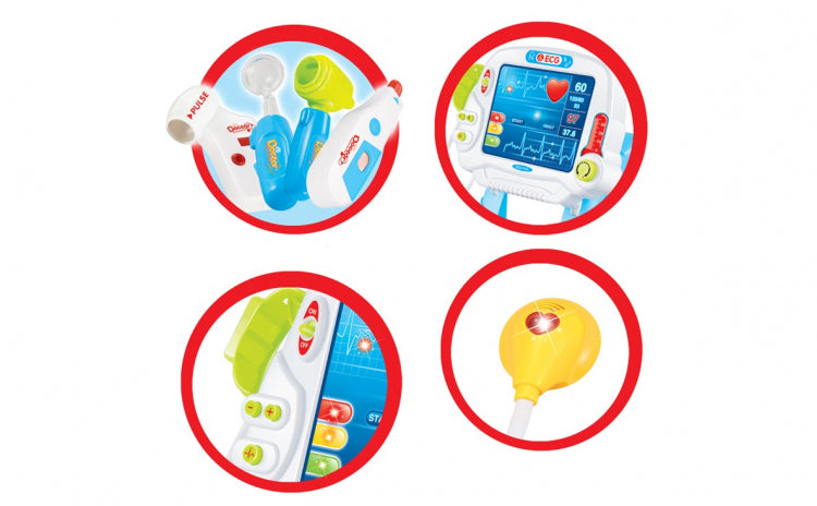 Stand de Doctor cu monitor ECG si 17 accesorii, Albastru/Rosu