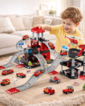 Set de Joaca Parcare Fire Station cu 3 Nivele, 6 Vehicule, Elicopter si Heliport