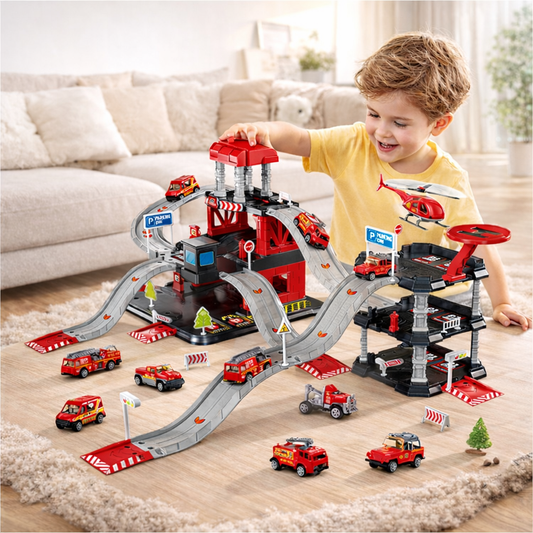 Set de Joaca Parcare Fire Station cu 3 Nivele, 6 Vehicule, Elicopter si Heliport