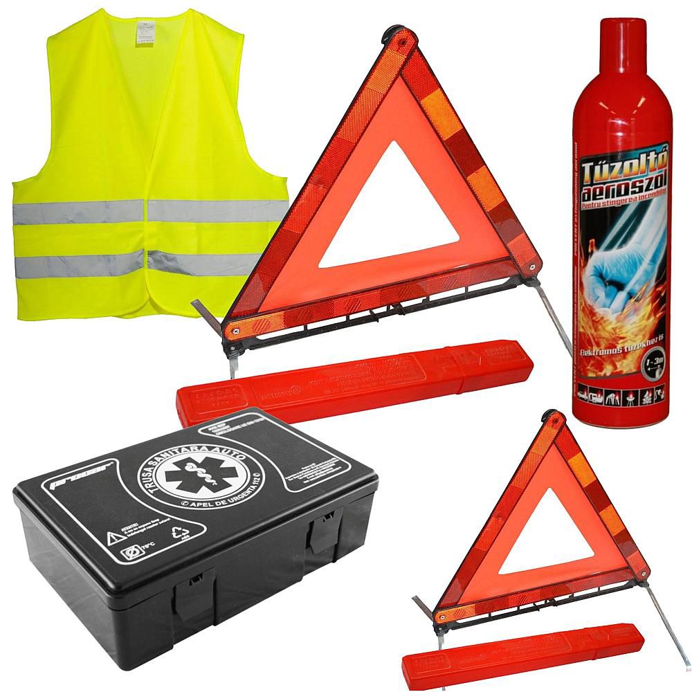 Pachet Complet Siguranta Rutiera - Stingator Tip Spray, Trusa Medicala, Triunghi, Vesta + 1 Triunghi CADOU