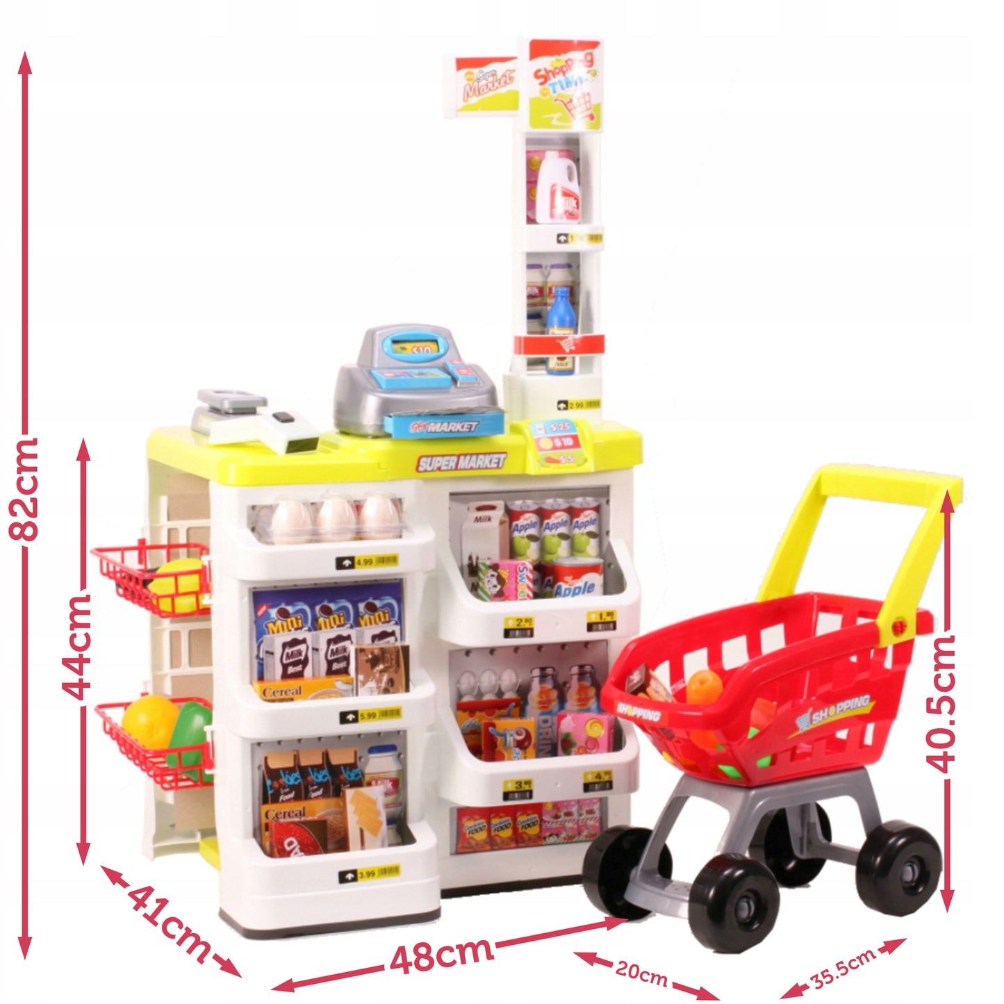 Supermarket joaca copii IDL , Inaltime 82cm , cu carucior de cumparaturi, casa de marcat moderna , scanner de produse , multitudine de produse , Galben