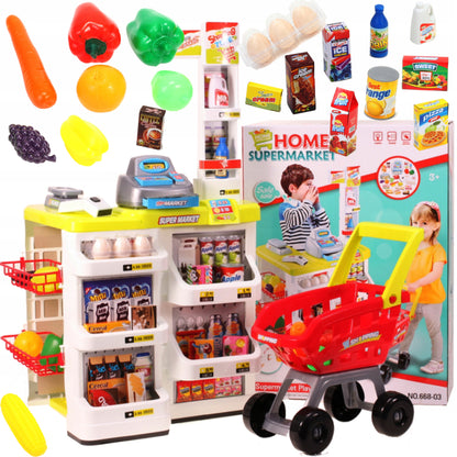 Supermarket joaca copii IDL , Inaltime 82cm , cu carucior de cumparaturi, casa de marcat moderna , scanner de produse , multitudine de produse , Galben