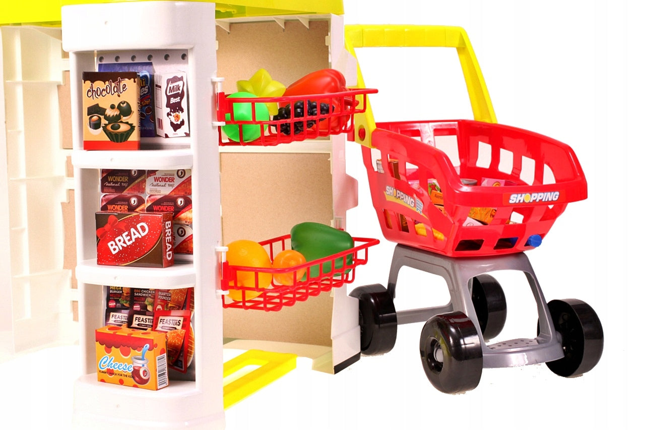 Supermarket joaca copii IDL , Inaltime 82cm , cu carucior de cumparaturi, casa de marcat moderna , scanner de produse , multitudine de produse , Galben