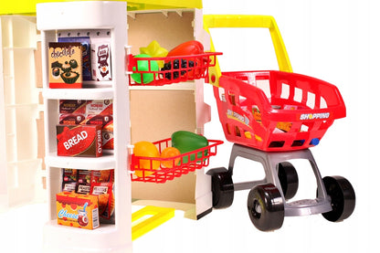 Supermarket joaca copii IDL , Inaltime 82cm , cu carucior de cumparaturi, casa de marcat moderna , scanner de produse , multitudine de produse , Galben