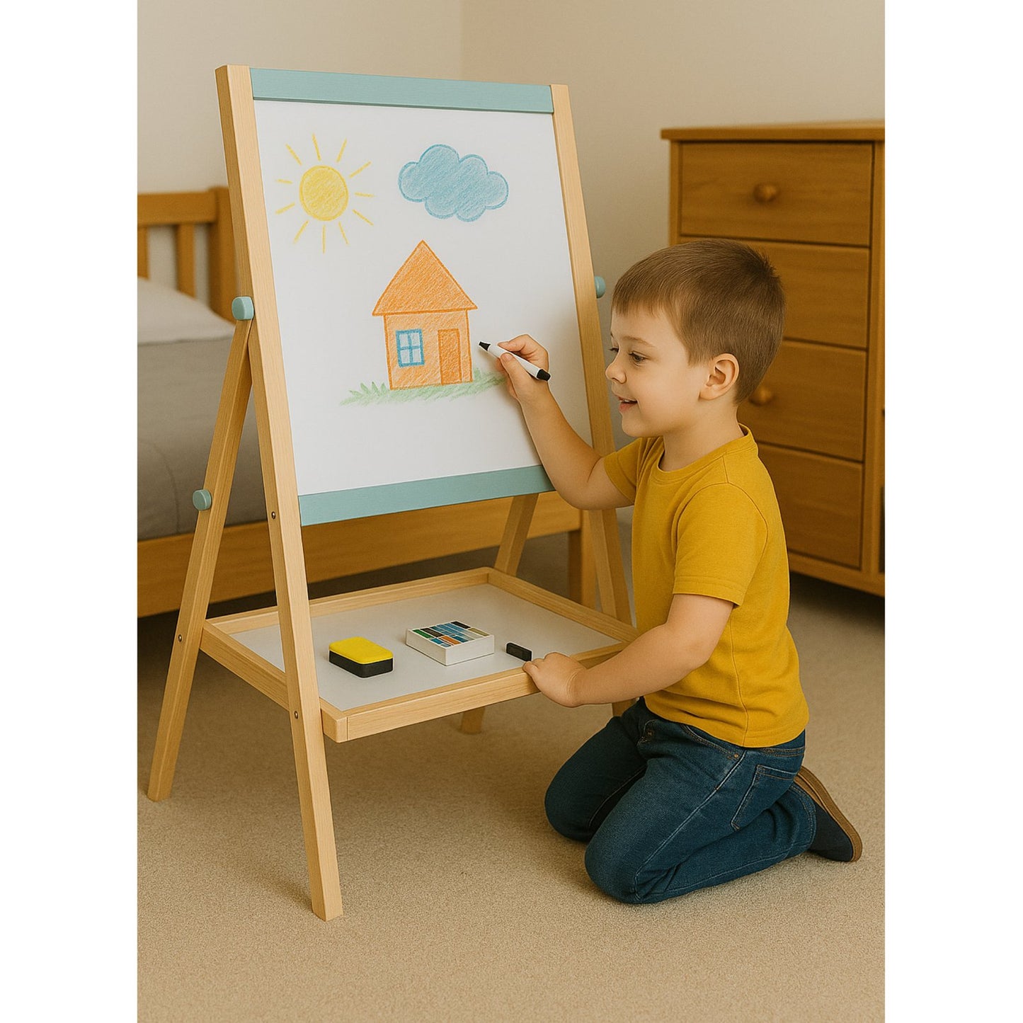 Tabla educativa 2in1 din lemn IdealStore cu fata magnetica si creta