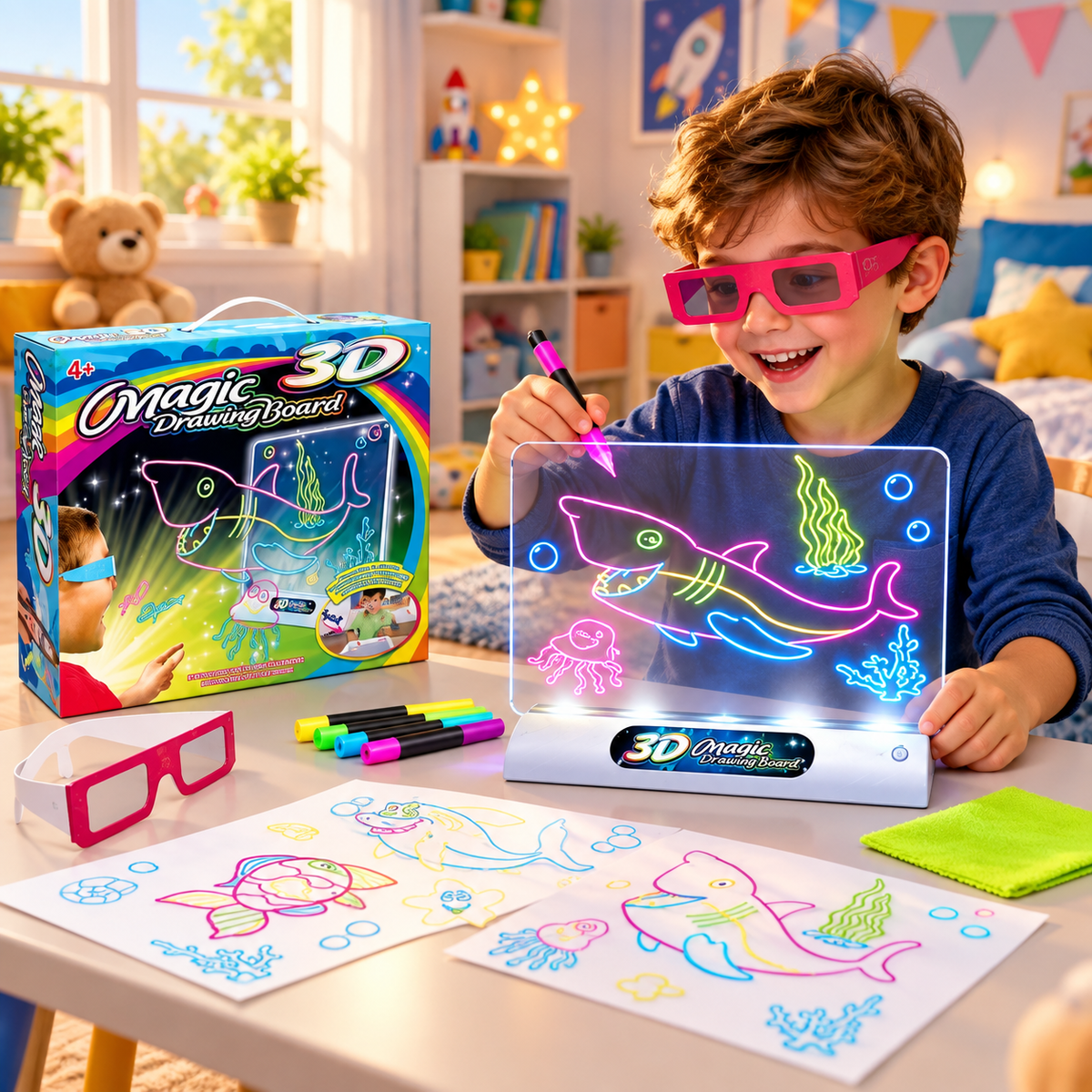 Tablita de Desenat pentru copii 3D iluminata Happy Drawn IdealStore, Dimensiune 25 X 19 cm, Contine Tablita transparenta, Suport iluminat, Markere, Ochelari 3D, Sabloane pentru desenat
