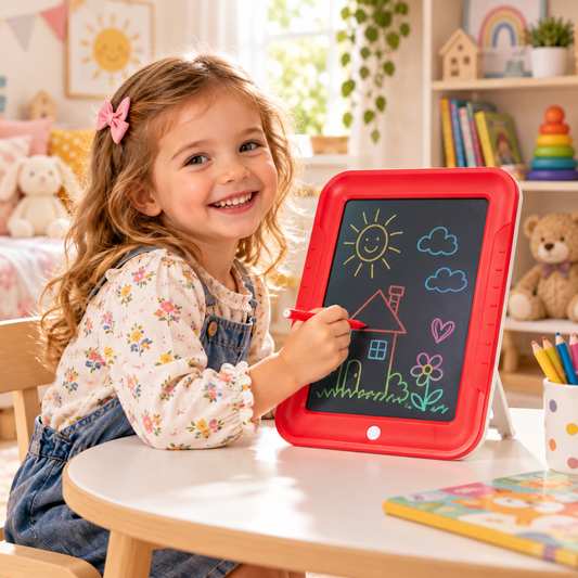 Tableta Grafica LCD Magic Pad idealStore, Dimensiuni 25.5 x 19.5 cm, Multitasking, Lumini Intermitente Multicolore, Pixuri Colorate, 30 de Sabloane, Suport pentru Tableta, Curatator de Ecran