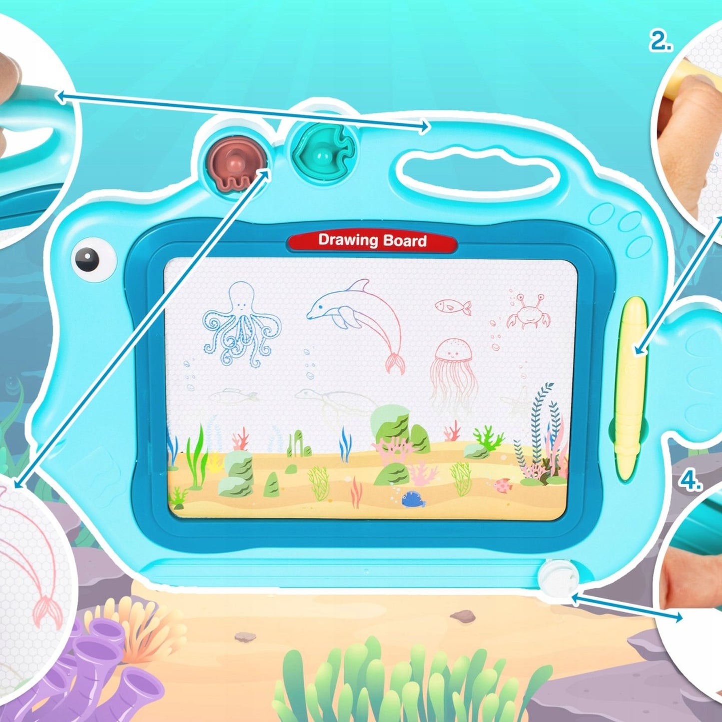 Tablita magnetica copii Funny Fish cu stampile si suprafata de desen