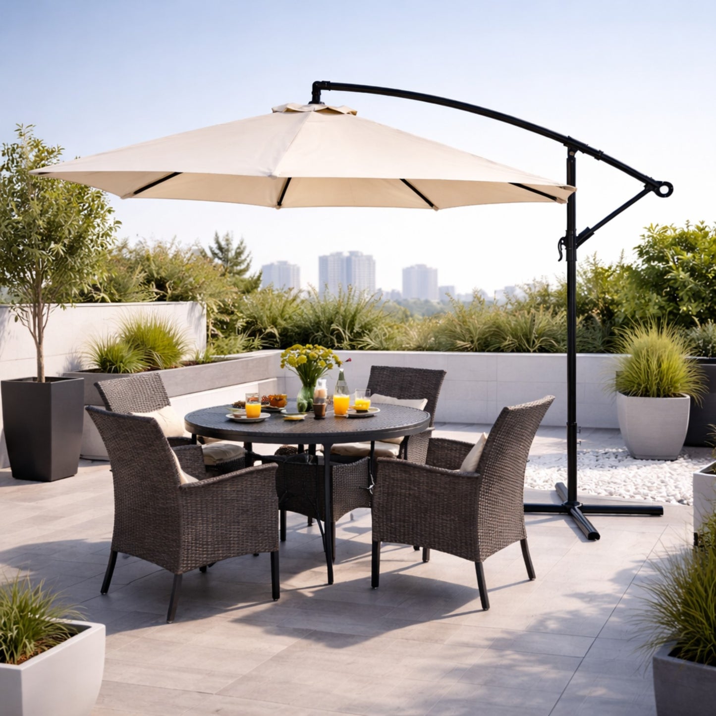 Umbrela de Gradina idealSTORE BeigeGarden, Deschidere 300 cm, Pliabila, Cadru Solid, Rezistenta Sporita (UV50+)