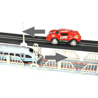 Circuit Electric 2in1 , FAST TGV, 115 Piese, pista dubla, 2 telecomenzi, cu masinuta si trenulet electrice