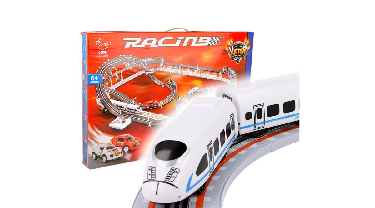 Circuit Electric 2in1 , FAST TGV, 115 Piese, pista dubla, 2 telecomenzi, cu masinuta si trenulet electrice