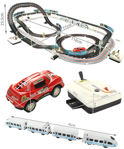 Circuit Electric 2in1 , FAST TGV, 115 Piese, pista dubla, 2 telecomenzi, cu masinuta si trenulet electrice