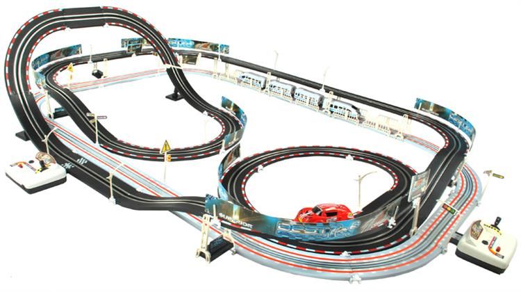 Circuit Electric 2in1 , FAST TGV, 115 Piese, pista dubla, 2 telecomenzi, cu masinuta si trenulet electrice