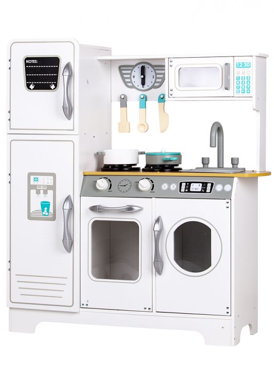 Bucatarie din Lemn pentru Copii, EcoToys, cu Aragaz, Frigider, Cuptor cu Microunde, Masina de spalat, Chiuveta si Accesorii pentru Gatit, Gri/Alb