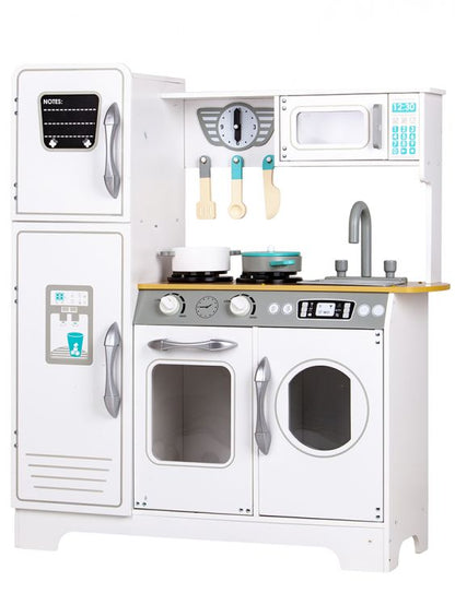 Bucatarie din Lemn pentru Copii, EcoToys, cu Aragaz, Frigider, Cuptor cu Microunde, Masina de spalat, Chiuveta si Accesorii pentru Gatit, Gri/Alb