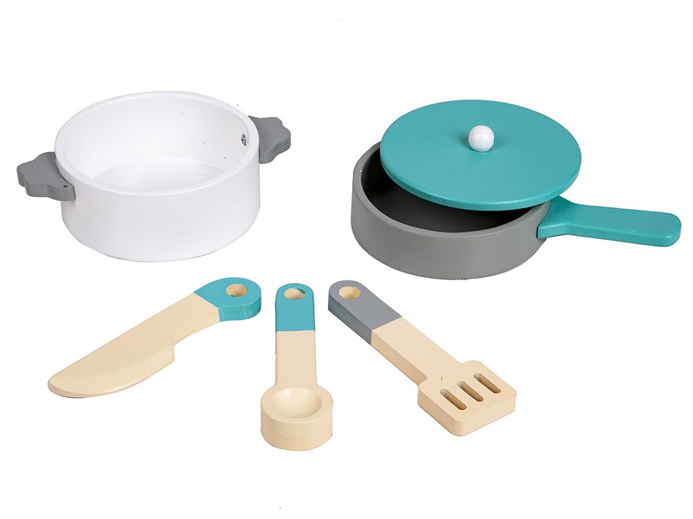 Bucatarie din Lemn pentru Copii, EcoToys, cu Aragaz, Frigider, Cuptor cu Microunde, Masina de spalat, Chiuveta si Accesorii pentru Gatit, Gri/Alb