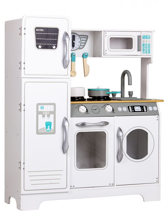 Bucatarie din Lemn pentru Copii, EcoToys, cu Aragaz, Frigider, Cuptor cu Microunde, Masina de spalat, Chiuveta si Accesorii pentru Gatit, Gri/Alb