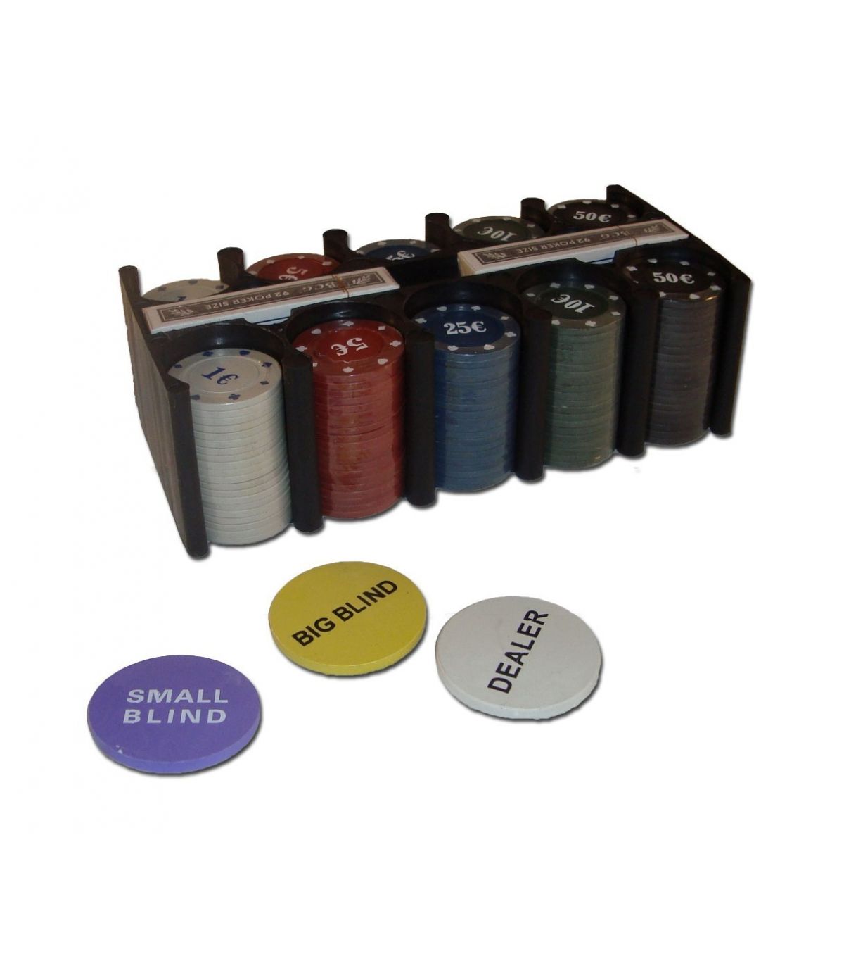 Set Poker Texas Hold'em Negru, 200 jetoane cu 5 valori, 2 pachete de carti, covoras masa de joc, Jetoane Dealer Big si Small Blind, cutie metalica