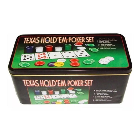 Set Poker Texas Hold'em Negru, 200 jetoane cu 5 valori, 2 pachete de carti, covoras masa de joc, Jetoane Dealer Big si Small Blind, cutie metalica