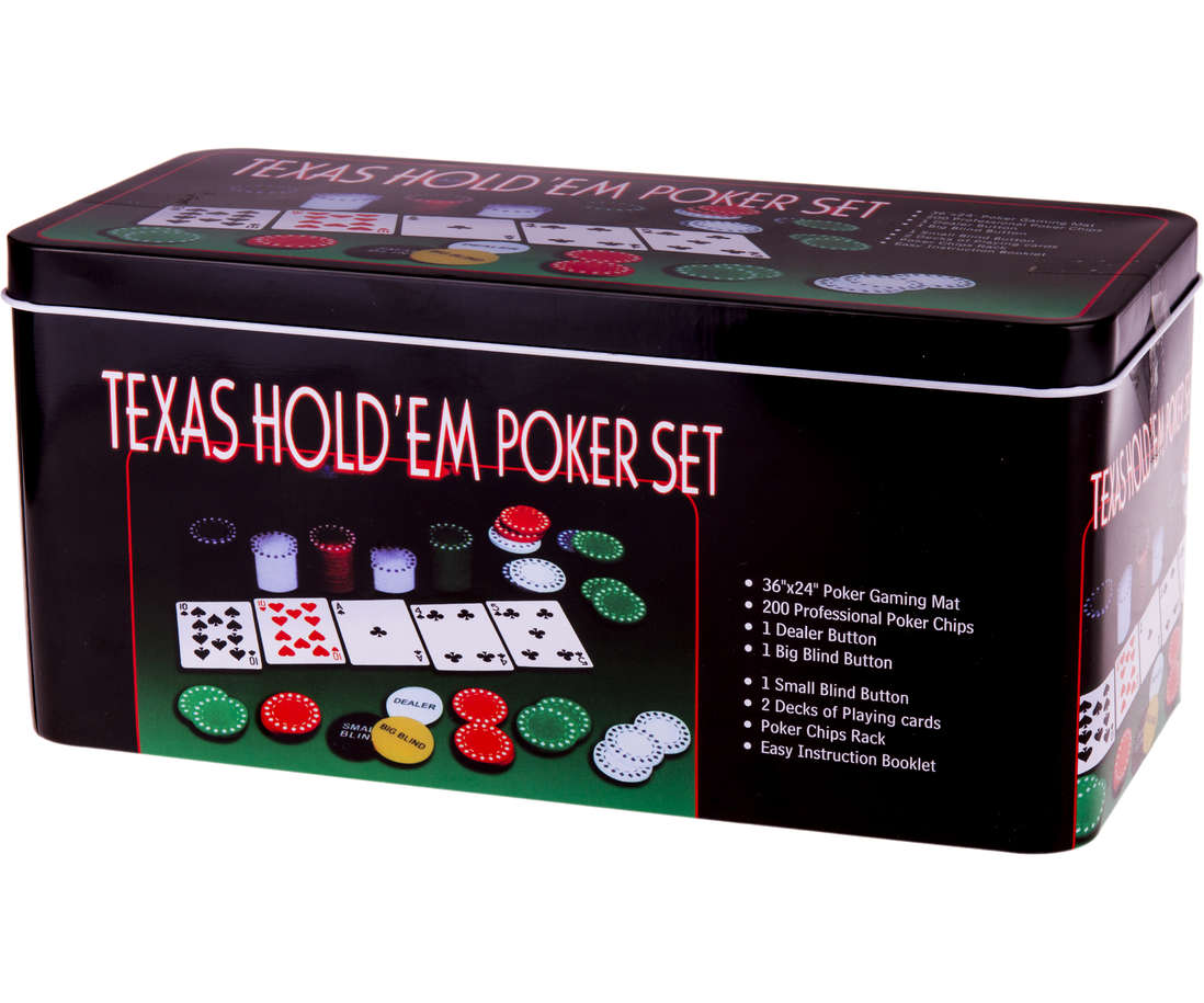 Set Poker Texas Hold'em Negru, 200 jetoane cu 5 valori, 2 pachete de carti, covoras masa de joc, Jetoane Dealer Big si Small Blind, cutie metalica