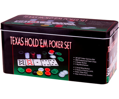 Set Poker Texas Hold'em Negru, 200 jetoane cu 5 valori, 2 pachete de carti, covoras masa de joc, Jetoane Dealer Big si Small Blind, cutie metalica