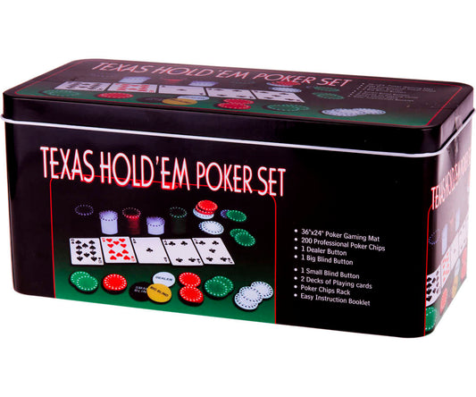 Set Poker Texas Hold'em Negru, 200 jetoane cu 5 valori, 2 pachete de carti, covoras masa de joc, Jetoane Dealer Big si Small Blind, cutie metalica